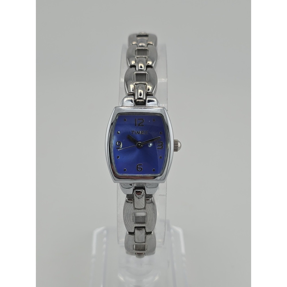 Timex Womens Watch 20mm Blue Dial Curved Rectangle Silver Tone -New Battery 7.5"